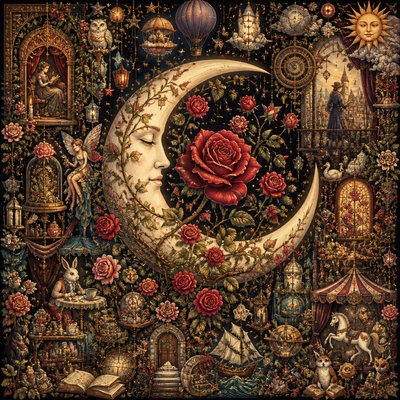 a rose entwined with a crescent moon, clean balanced composition on a plain background, no text