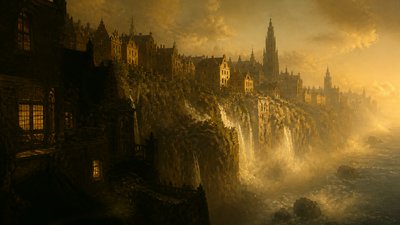a cliffside city with waterfalls cascading into a misty canyon, wide establishing shot, no people, no text