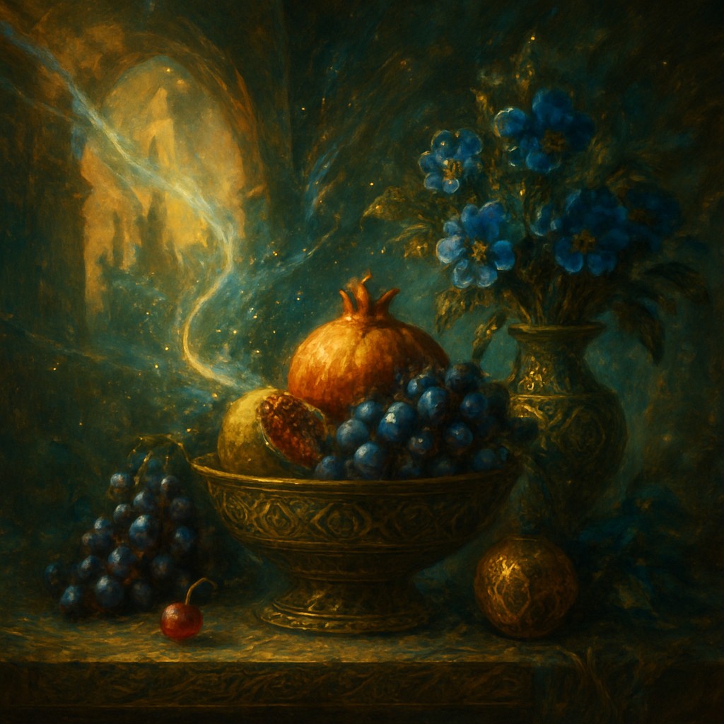 still life arrangement of fruits and flowers