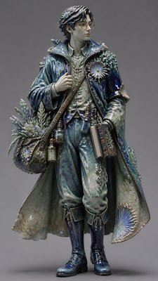 full-body original character: a wandering botanist with a satchel of plants, a patched green cloak, tall boots and round glasses, neutral background