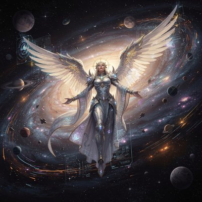 A sweeping digital fantasy painting of a majestic angel with large, feathered wings made of glowing white light and golden energy, suspended within the center of a massive cosmic whirlwind. The whirlwind itself is a swirling spiral galaxy, composed of vibrant nebulae, millions of sparkling stars, dust lanes in deep blues, purples, and oranges, and miniature planets caught in the flow. The angel, wearing flowing, armored robes of starlight, looks serene with outstretched arms. The background is the dark expanse of deep space filled with distant galaxies. The style is epic and cinematic.