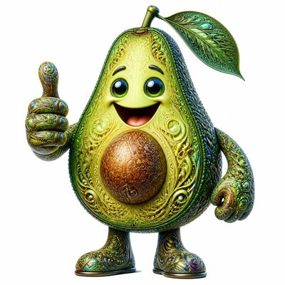 a happy avocado character giving a thumbs up, bold readable design on a plain background, no text