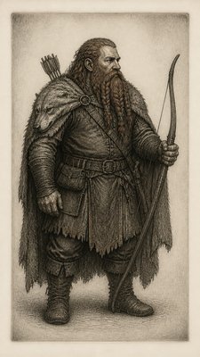 full-body original character: a dwarven ranger with a braided auburn beard, worn leather armor, a longbow and a wolf-pelt cloak, neutral background, no text