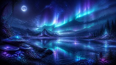 a sweeping aurora over a frozen lake, no people