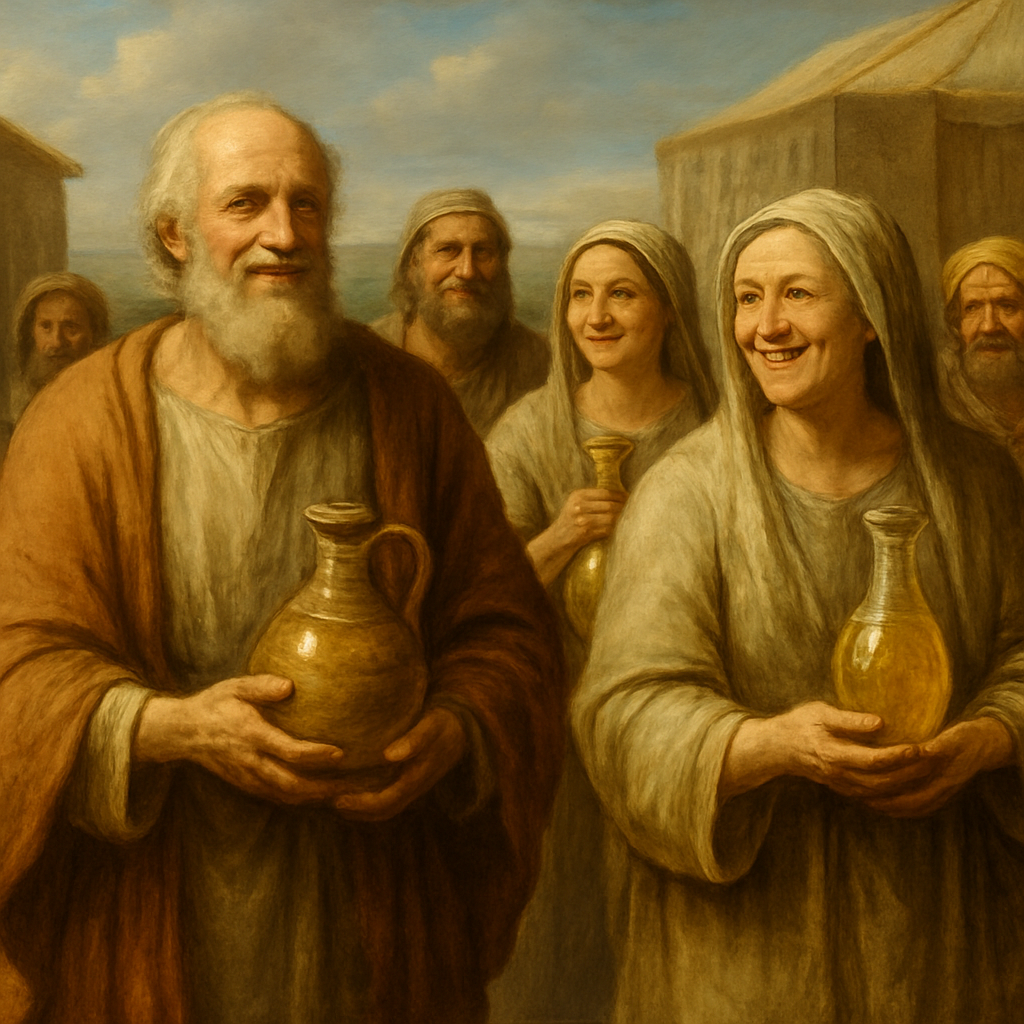 Renaissance Painting Art Style, a joyful and purposeful group of ancient Israelites, including smiling elderly men and women, walking with a sense of contentment and humble pride. Each carries beautifully crafted clay jars or alabaster flasks filled with pure, clear, golden oil of pressed olives. The oil shimmers with an ethereal clarity within the translucent vessels. They are making their way along a sunny path in the Tabernacle courtyard, with glimpses of the Tabernacle structure in the background. The light is bright and warm, illuminating their radiant faces and highlighting the honor and devotion in their offering. Focus on the rich textures of their simple linen garments, the liquid clarity and glow of the olive oil, and the celebratory, devotional atmosphere of their task.