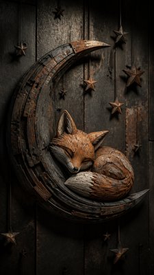 a sleeping baby fox curled on a crescent moon among soft stars, gentle and warm, no text