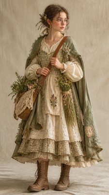 full-body original character: a wandering botanist with a satchel of plants, a patched green cloak, tall boots and round glasses, neutral background