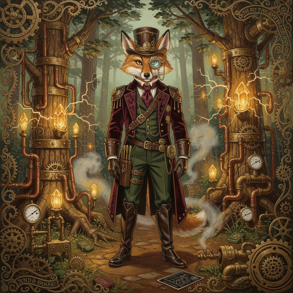anthropomorphic coyote in a tailored Victorian suit, wearing a brass-trimmed top hat and monocle, steampunk style, intricate mechanical accessories, standing in a forest with copper pipes and gear-laced trees, full body portrait, Vibrant Colors, heavy oil paint impasto, in the style of Peter Max with Mary Blair aspects.