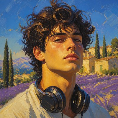 head-and-shoulders portrait of an original character: a young man with curly dark hair and headphones around his neck, plain backdrop, no text