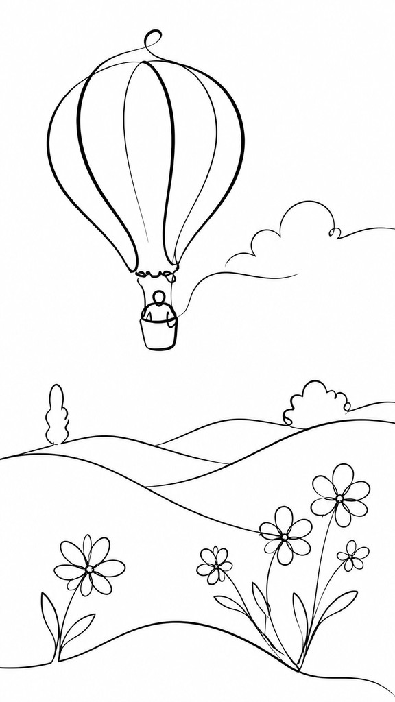 a hot air balloon drifting over rolling flower fields on a sunny day, cheerful, no text