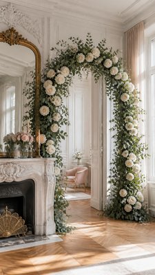 an arch of white roses and eucalyptus in soft morning light, elegant vertical composition with open space, no text