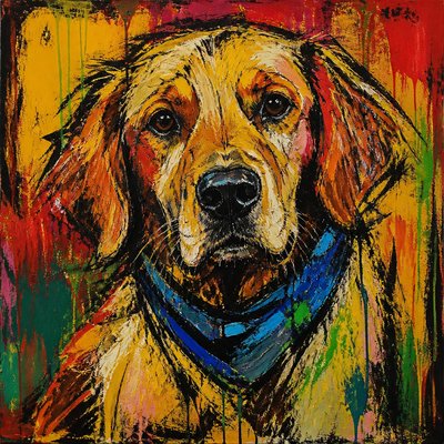 portrait of a golden retriever wearing a blue bandana, warm plain backdrop, no text