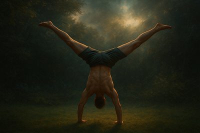 a man doing a handstand in the middle of a field