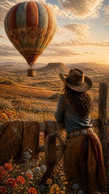 a hot air balloon drifting over rolling flower fields on a sunny day, cheerful, no text