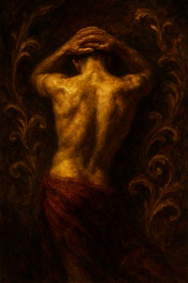 a painting of a man with his back to the camera