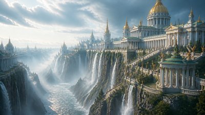 a cliffside city with waterfalls cascading into a misty canyon, wide establishing shot, no people, no text