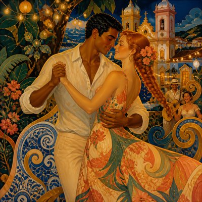 an original couple dancing under string lights in a garden at dusk: a man with short black hair in a linen shirt and a woman with braided red hair in a summer dress