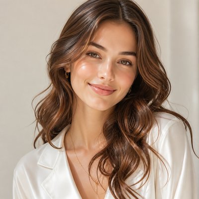 head-and-shoulders portrait of an original character: a young woman with wavy chestnut hair and a warm smile, plain soft backdrop