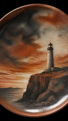 a lone lighthouse on a cliff at dusk under a dramatic sky, no text or lettering