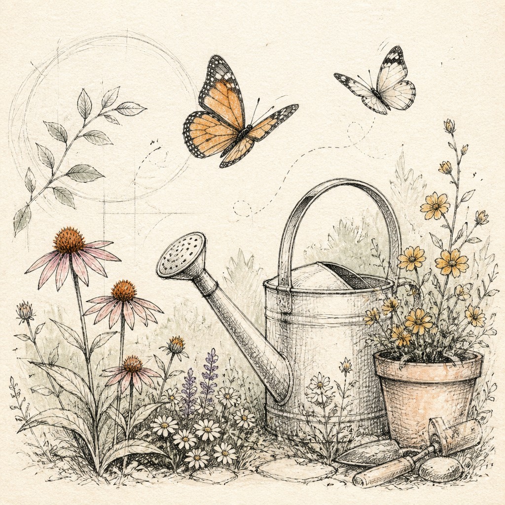 a garden scene with butterflies, flowers and a watering can, clean uncolored line art, no text