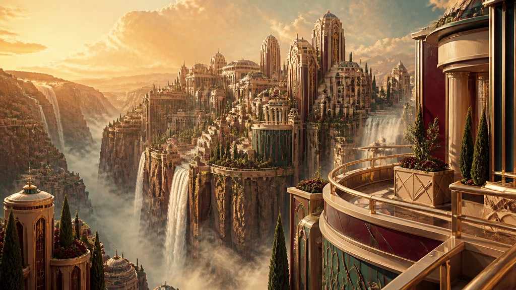 a cliffside city with waterfalls cascading into a misty canyon, wide establishing shot, no people, no text
