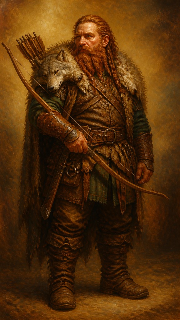 full-body original character: a dwarven ranger with a braided auburn beard, worn leather armor, a longbow and a wolf-pelt cloak, neutral background, no text