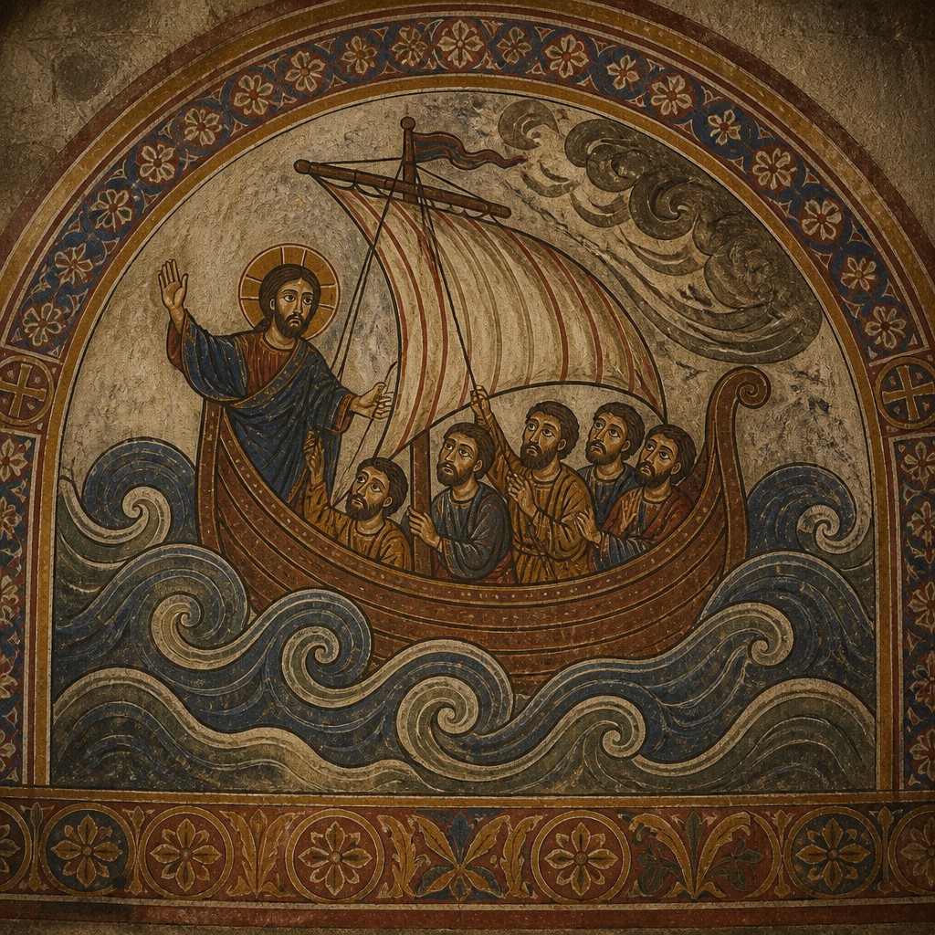 sailing ship on a stormy sea — Romanesque Art Style