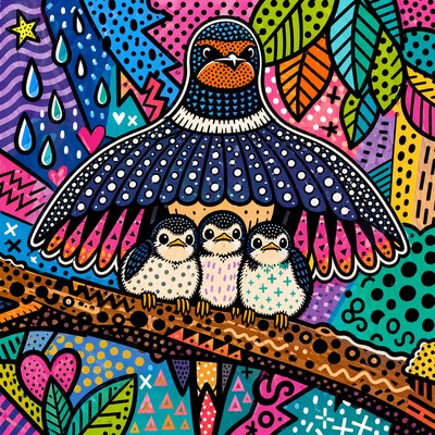 a painting of three birds sitting on a tree branch