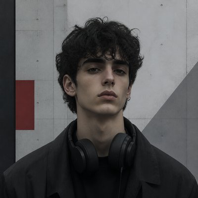 head-and-shoulders portrait of an original character: a young man with curly dark hair and headphones around his neck, plain backdrop, no text