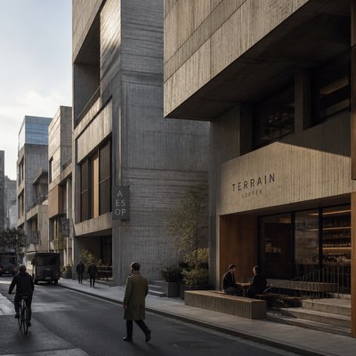 urban street with city activity — Brutalist Interior Design