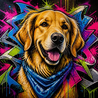 portrait of a golden retriever wearing a blue bandana, warm plain backdrop, no text