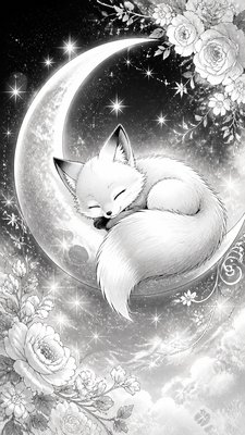 a sleeping baby fox curled on a crescent moon among soft stars, gentle and warm, no text