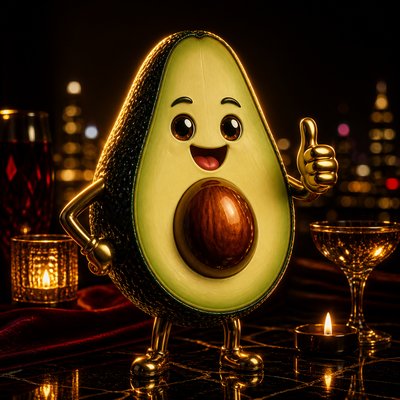 a happy avocado character giving a thumbs up, bold readable design on a plain background, no text