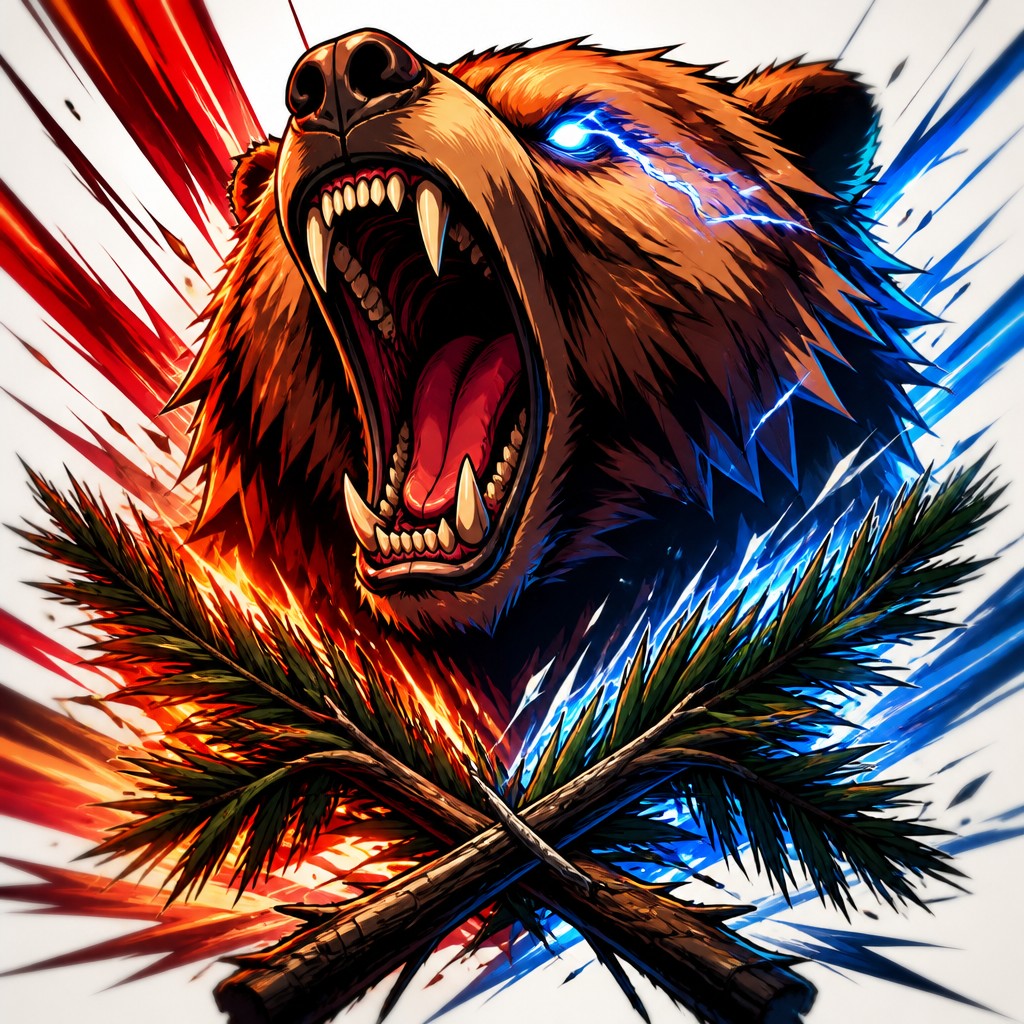 a roaring bear head above crossed pine branches, bold graphic composition on a plain background, no text