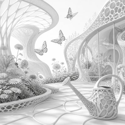 a garden scene with butterflies, flowers and a watering can, clean uncolored line art, no text
