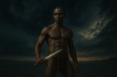 a painting of a man with a knife in his hand