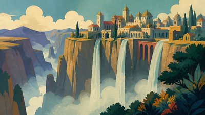 a cliffside city with waterfalls cascading into a misty canyon, wide establishing shot, no people, no text