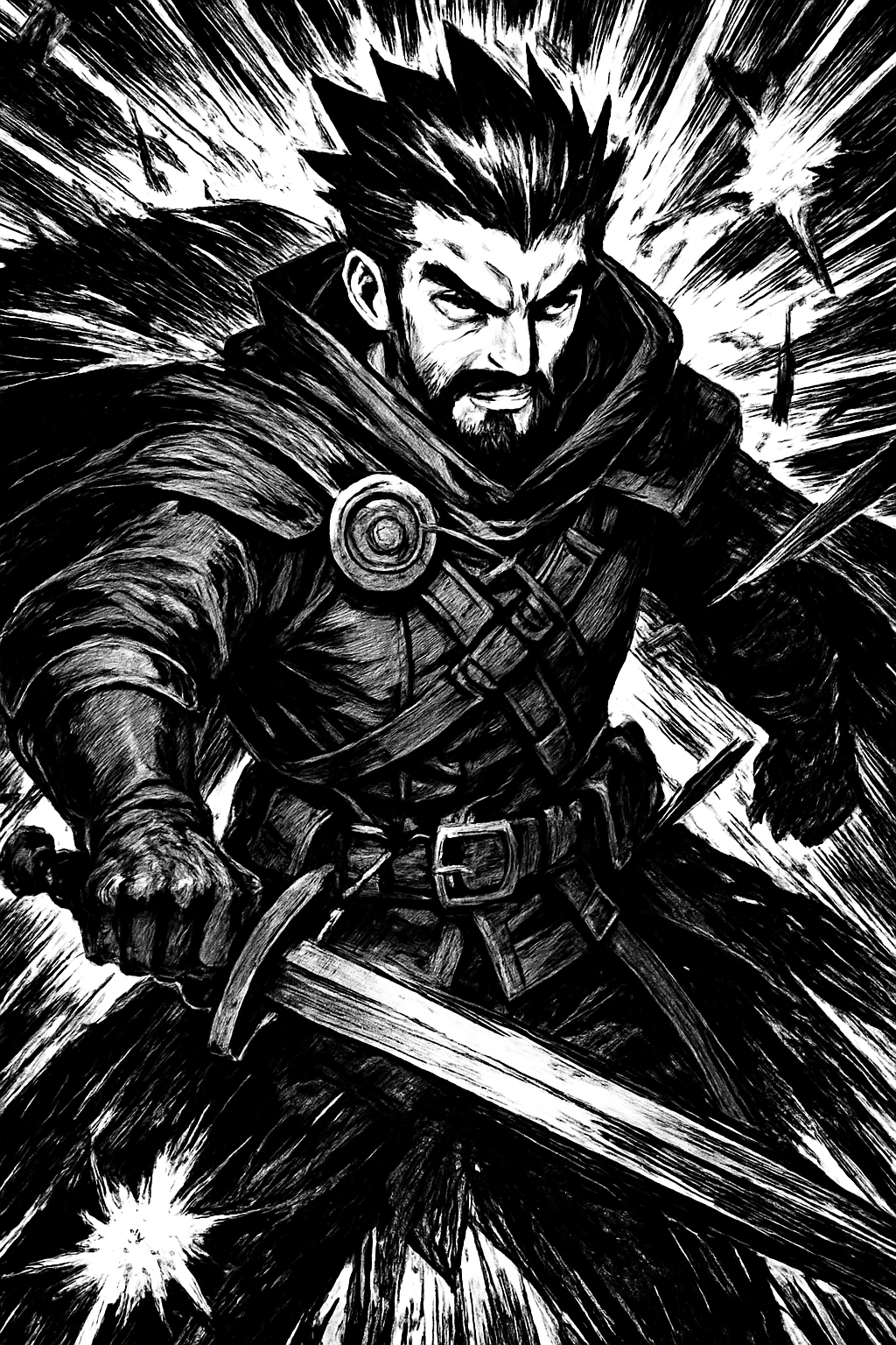 a black and white drawing of a man with a sword