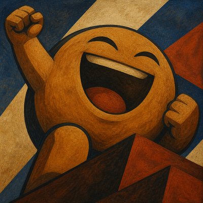 an exaggerated laughing face of an original round mascot character, bold and readable at small size, plain background, no text