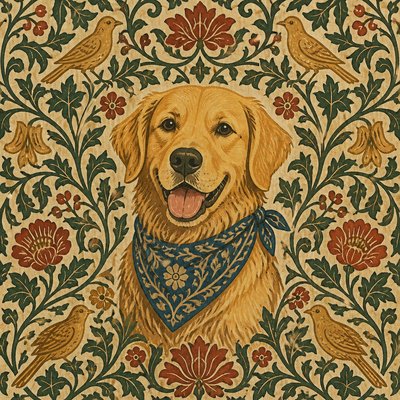 portrait of a golden retriever wearing a blue bandana, warm plain backdrop, no text
