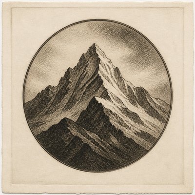 an emblem of a mountain peak inside a circle, simple bold shapes on a plain background, no text or lettering