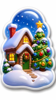 a snow-covered cottage with warm glowing windows beside a decorated pine tree, gentle snowfall, no text