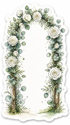 an arch of white roses and eucalyptus in soft morning light, elegant vertical composition with open space, no text