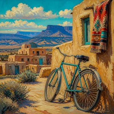 bicyle resting against a wall — Taos Art Style