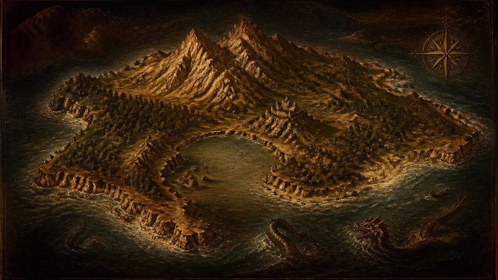 a map of an island realm with mountains, forests, a sheltered bay, sea monsters in the water and a compass rose, no text labels