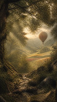 a hot air balloon drifting over rolling flower fields on a sunny day, cheerful, no text