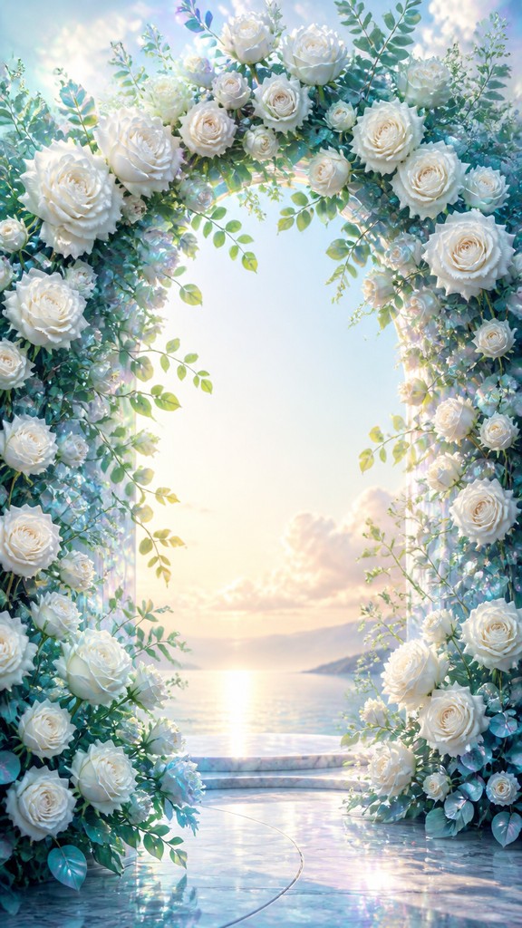 an arch of white roses and eucalyptus in soft morning light, elegant vertical composition with open space, no text