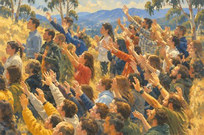 a painting of a crowd of people in a field