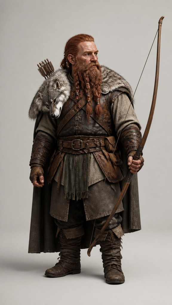 full-body original character: a dwarven ranger with a braided auburn beard, worn leather armor, a longbow and a wolf-pelt cloak, neutral background, no text