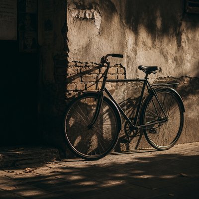 bicyle resting against a wall